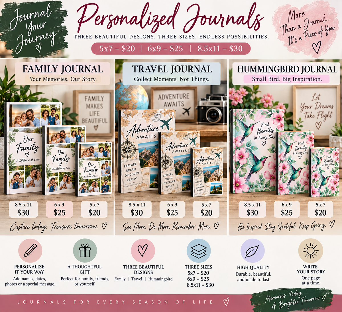 Personalized journals size and price guide showing family, travel, and hummingbird journal designs in 5x7, 6x9, and 8.5x11