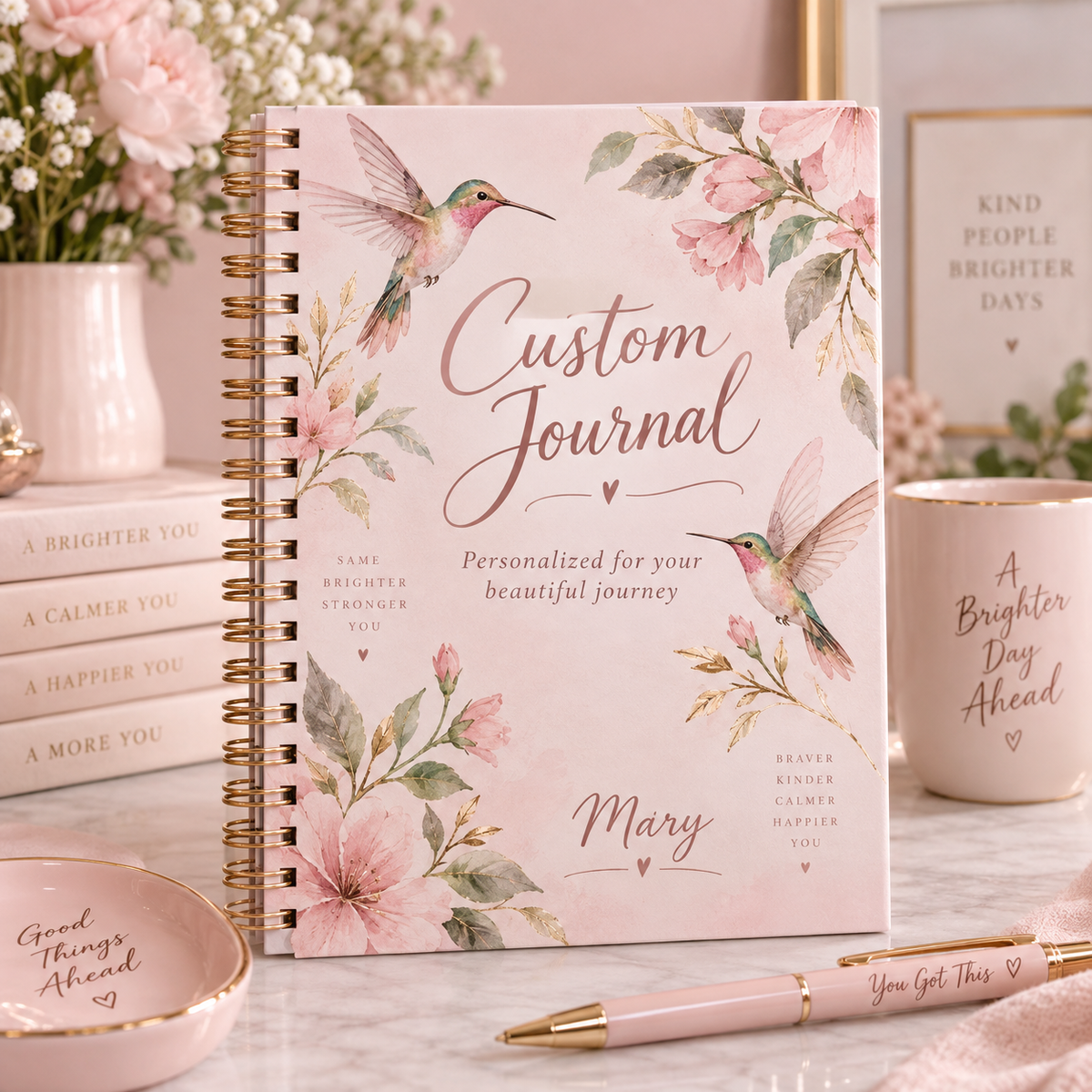 Personalized pink hummingbird spiral journal mockup