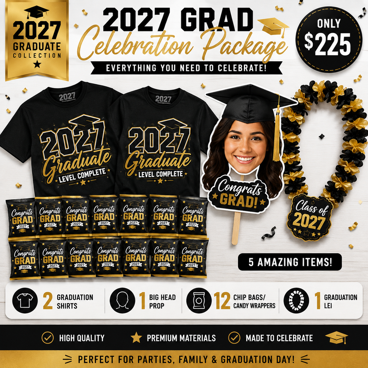 2027 Grad Celebration Package featuring 2 graduation shirts, 1 custom big head prop, 12 custom chip bags or candy wrappers, and 1 graduation lei.