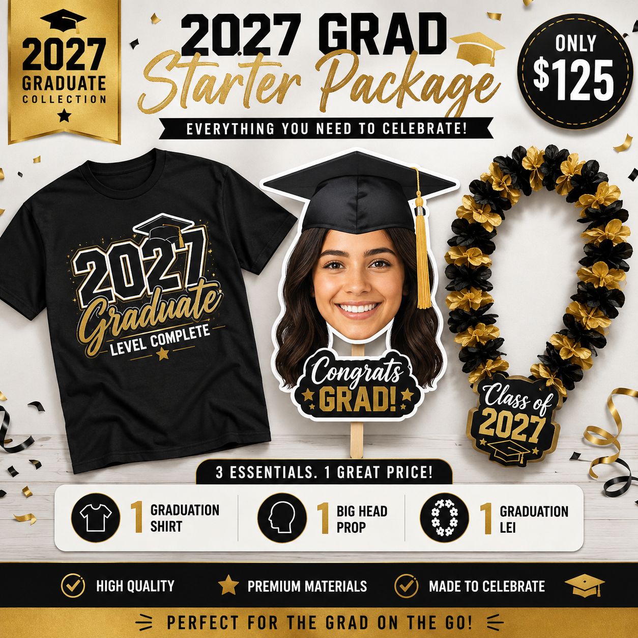 2027 Grad Starter Package featuring 1 graduation shirt, 1 custom big head prop, and 1 graduation lei.